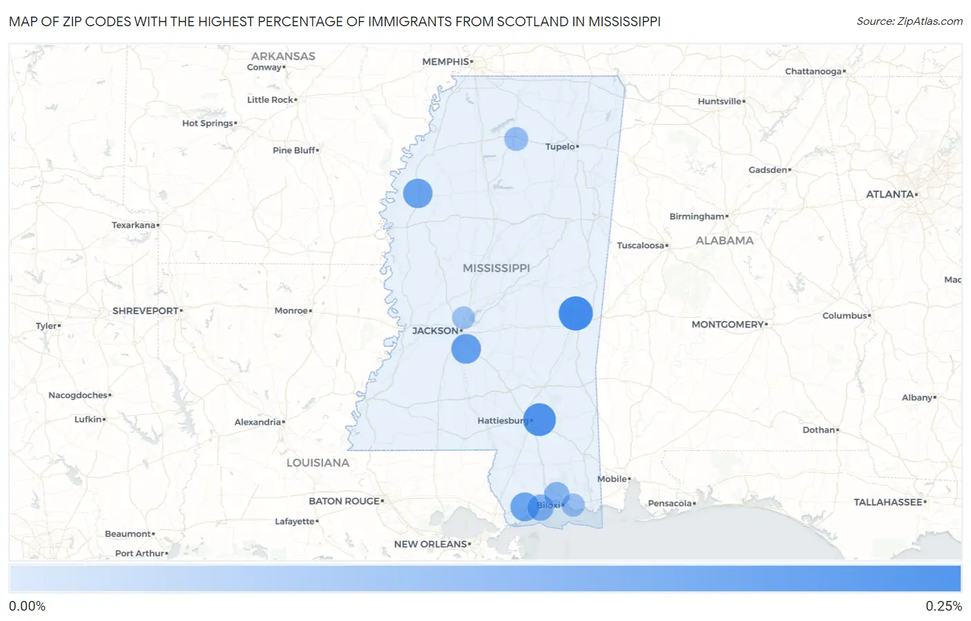 Zip Codes with the Highest Percentage of Immigrants from Scotland in Mississippi Map