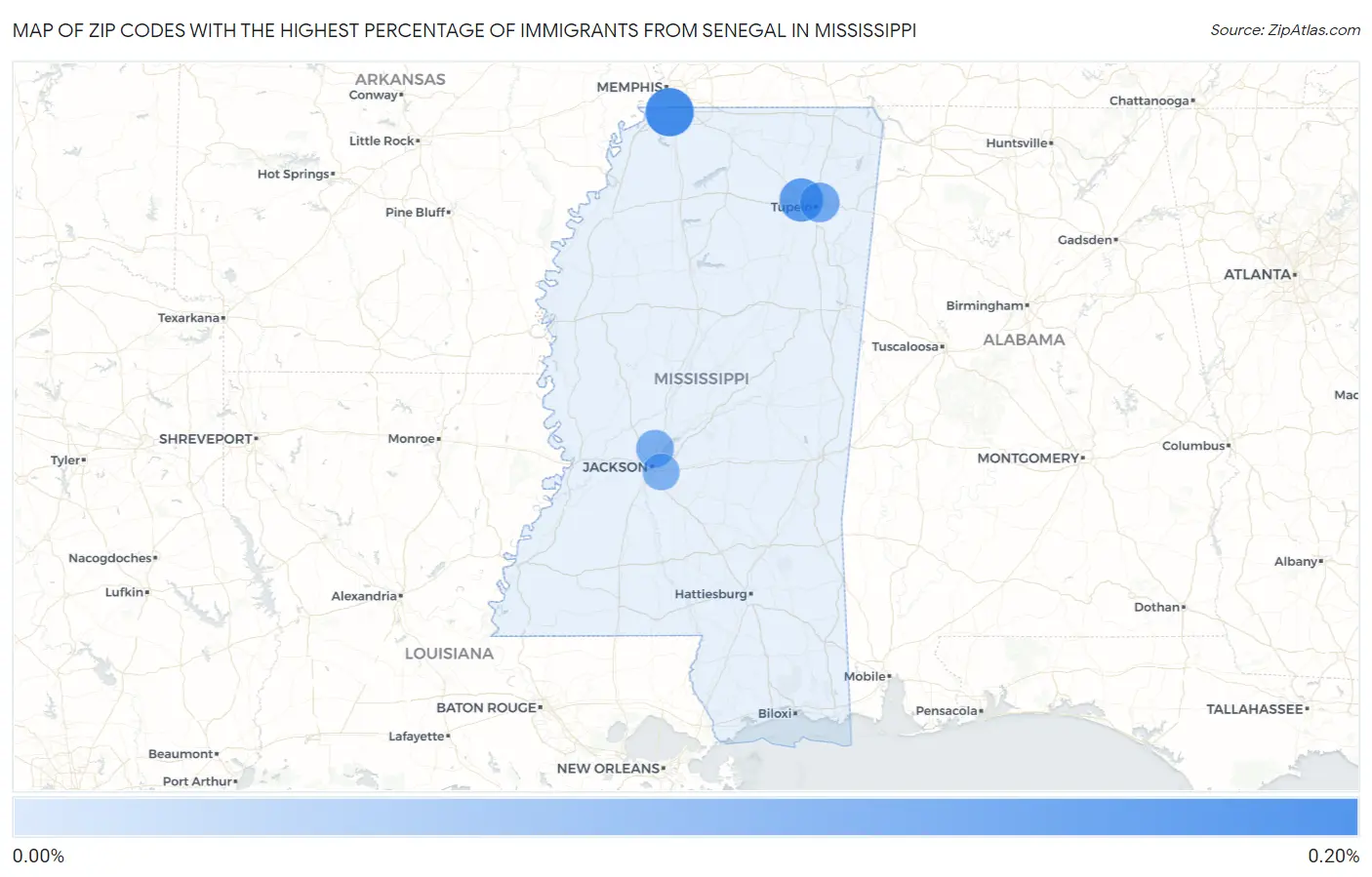 Zip Codes with the Highest Percentage of Immigrants from Senegal in Mississippi Map