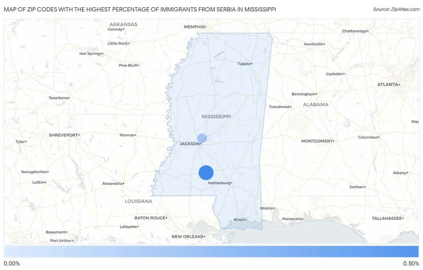 Zip Codes with the Highest Percentage of Immigrants from Serbia in Mississippi Map