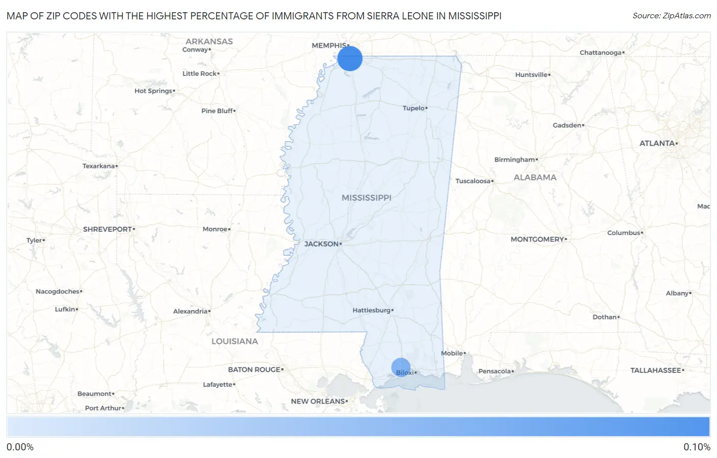 Zip Codes with the Highest Percentage of Immigrants from Sierra Leone in Mississippi Map