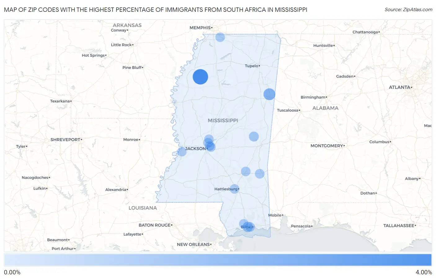 Zip Codes with the Highest Percentage of Immigrants from South Africa in Mississippi Map