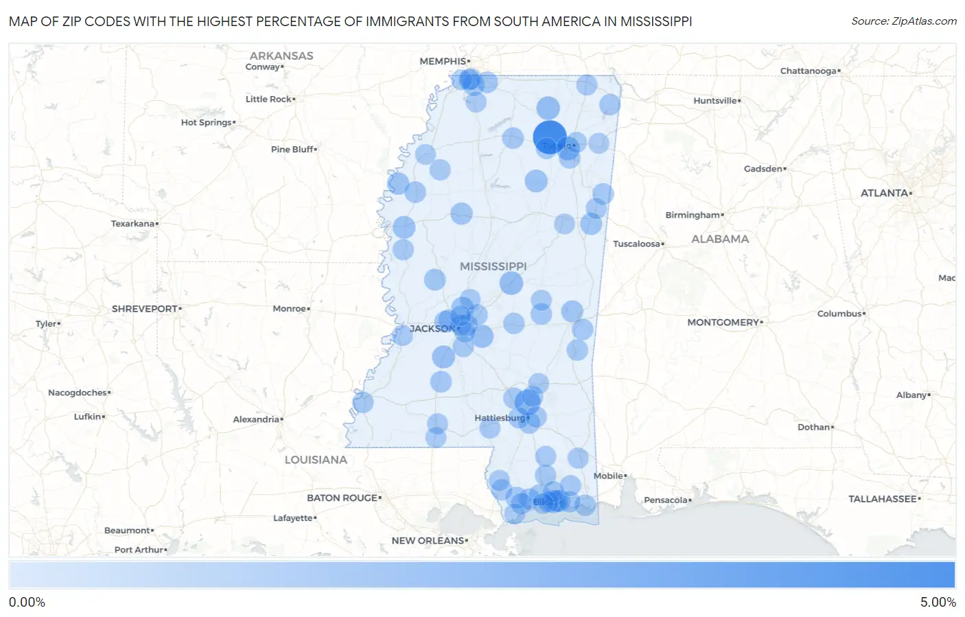 Zip Codes with the Highest Percentage of Immigrants from South America in Mississippi Map