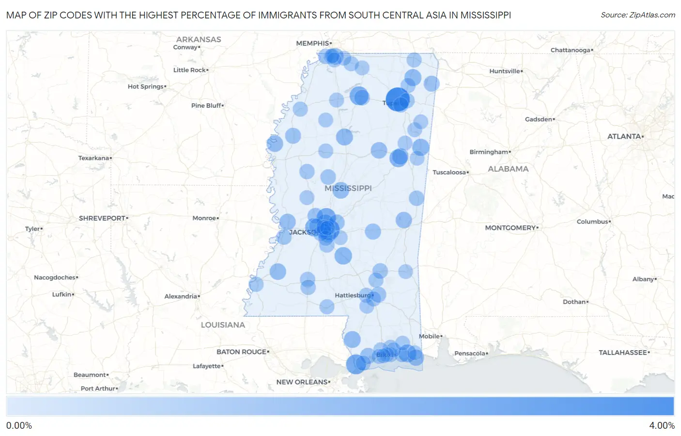 Zip Codes with the Highest Percentage of Immigrants from South Central Asia in Mississippi Map