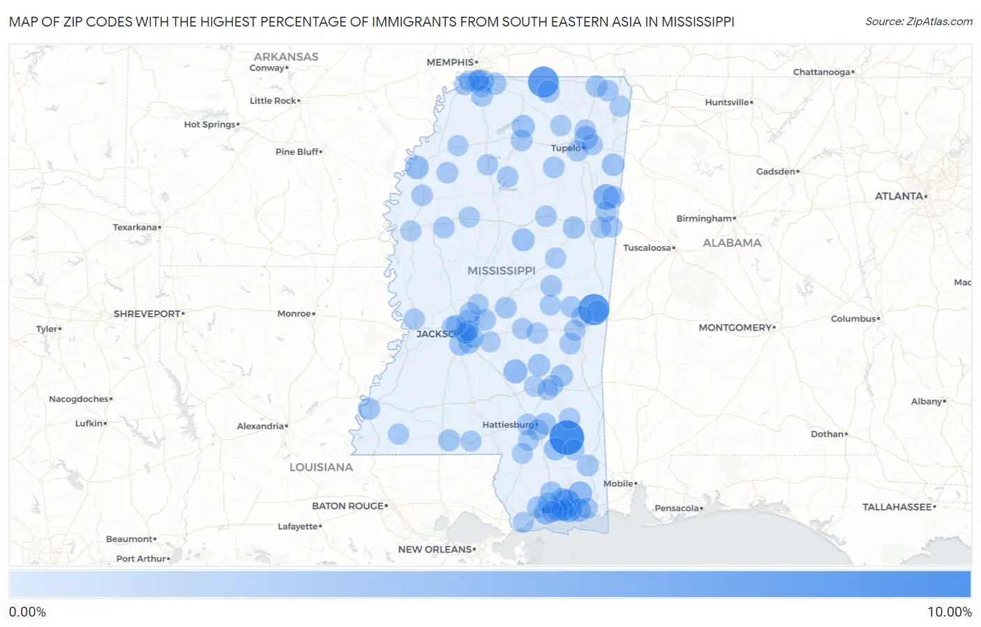 Zip Codes with the Highest Percentage of Immigrants from South Eastern Asia in Mississippi Map