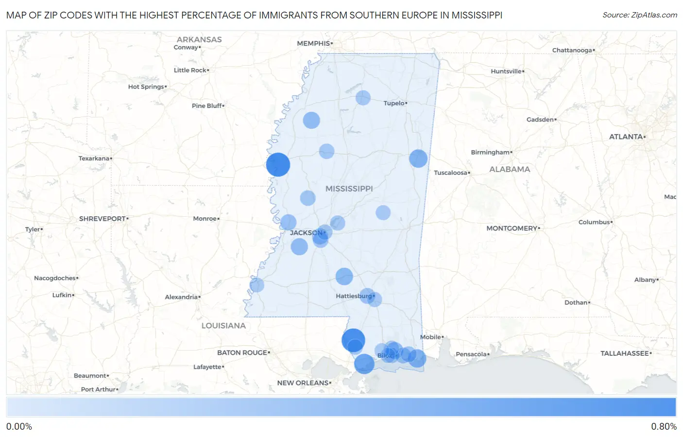 Zip Codes with the Highest Percentage of Immigrants from Southern Europe in Mississippi Map