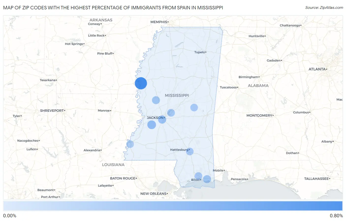 Zip Codes with the Highest Percentage of Immigrants from Spain in Mississippi Map