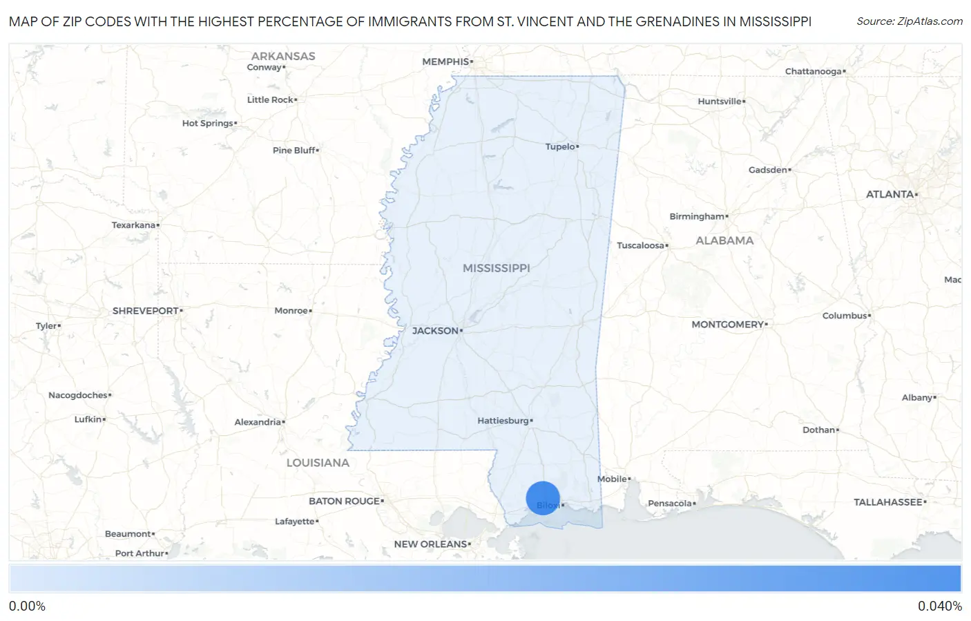 Zip Codes with the Highest Percentage of Immigrants from St. Vincent and the Grenadines in Mississippi Map