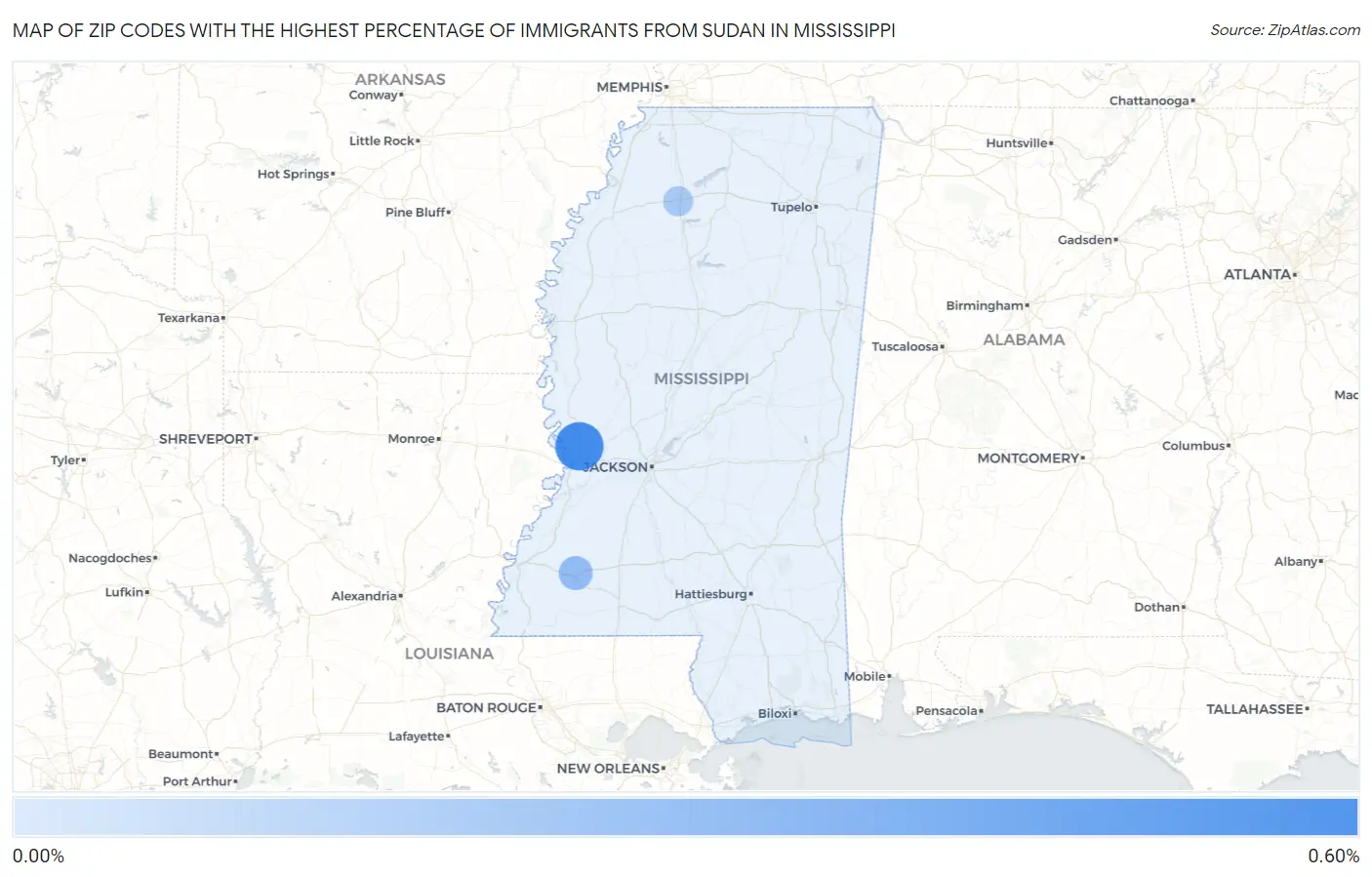 Zip Codes with the Highest Percentage of Immigrants from Sudan in Mississippi Map