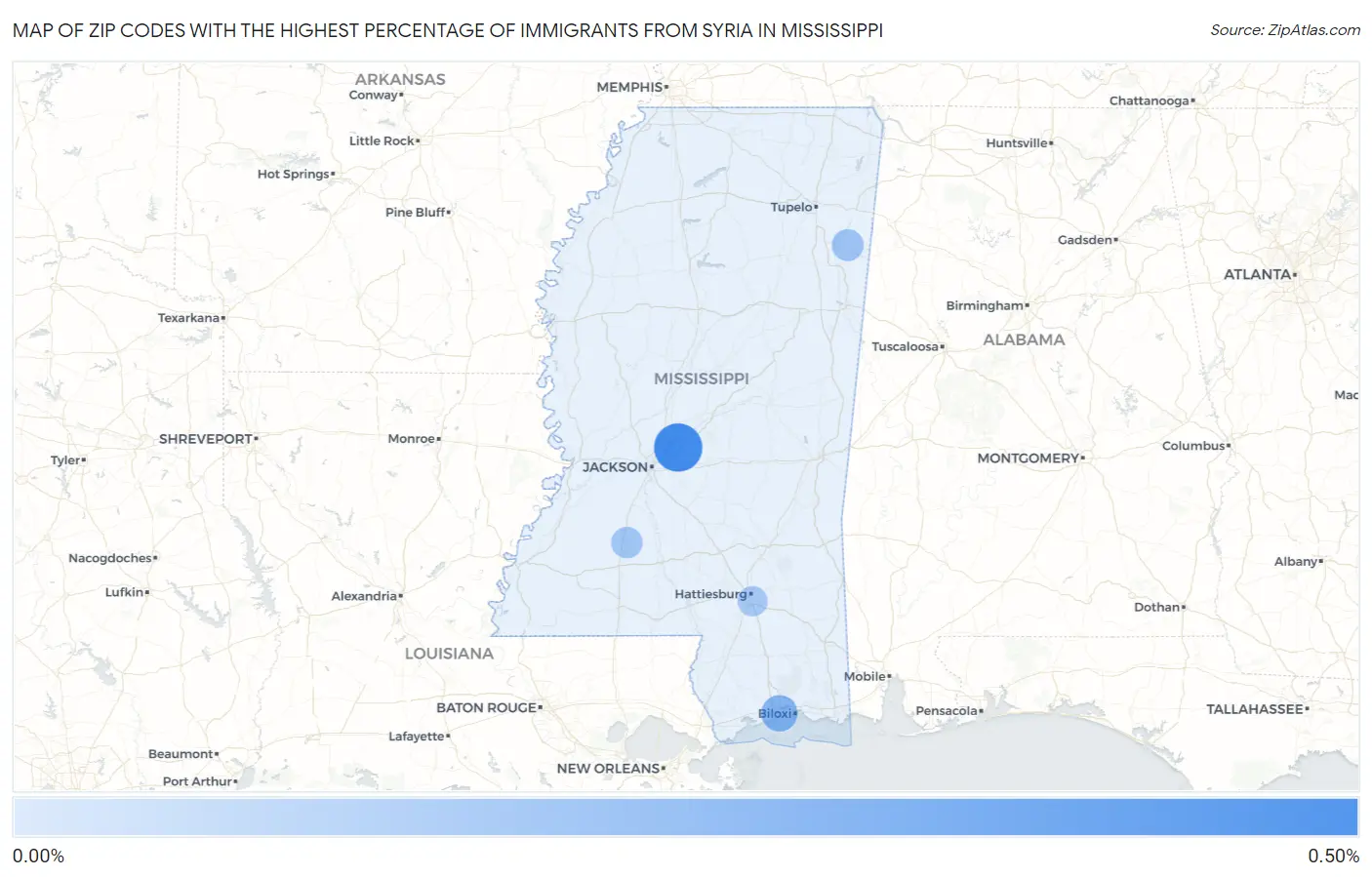 Zip Codes with the Highest Percentage of Immigrants from Syria in Mississippi Map