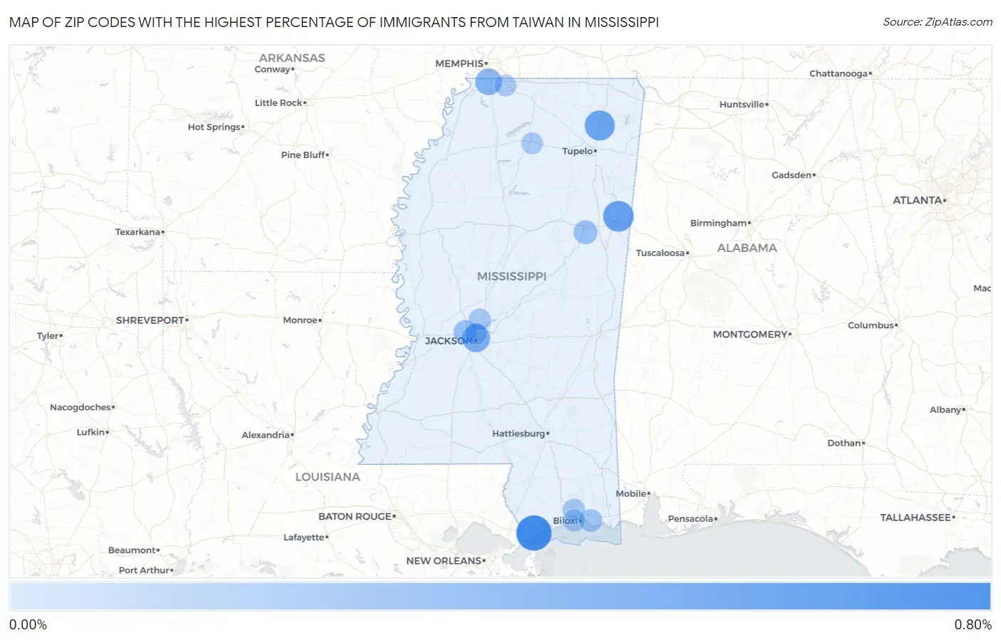 Zip Codes with the Highest Percentage of Immigrants from Taiwan in Mississippi Map
