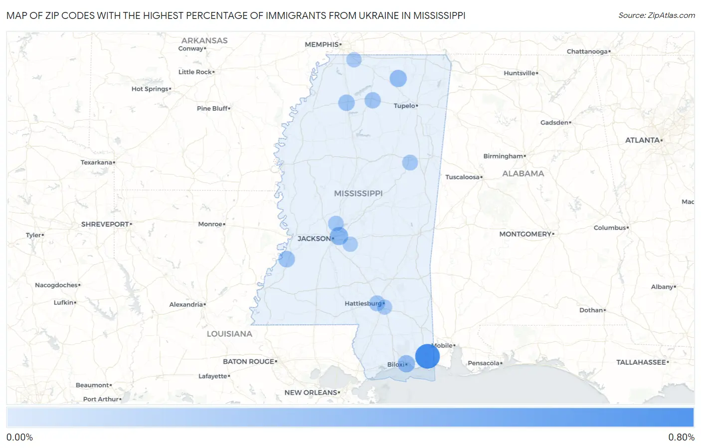 Zip Codes with the Highest Percentage of Immigrants from Ukraine in Mississippi Map