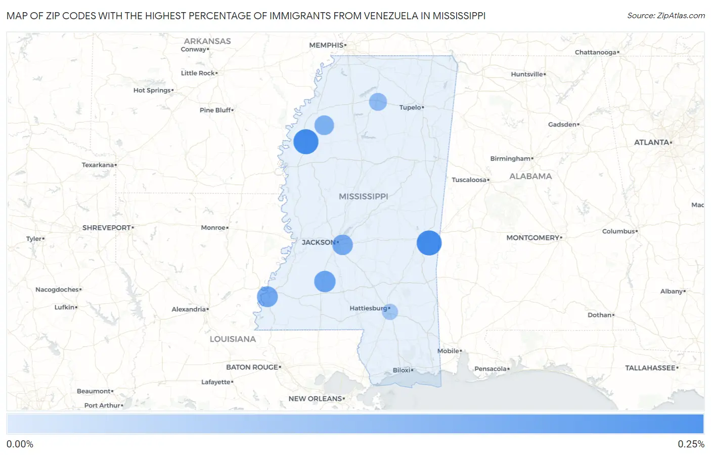 Zip Codes with the Highest Percentage of Immigrants from Venezuela in Mississippi Map