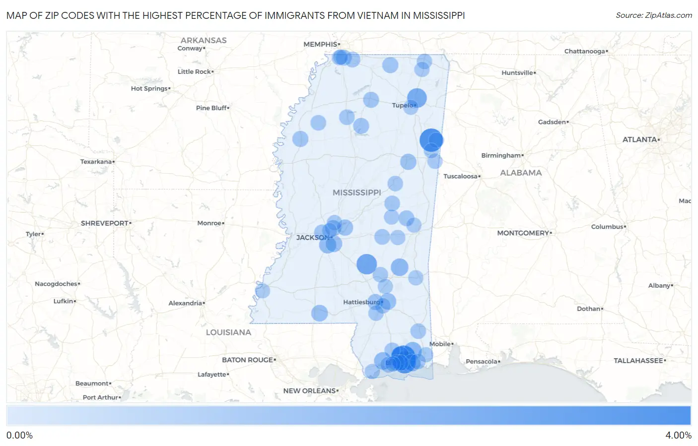 Zip Codes with the Highest Percentage of Immigrants from Vietnam in Mississippi Map