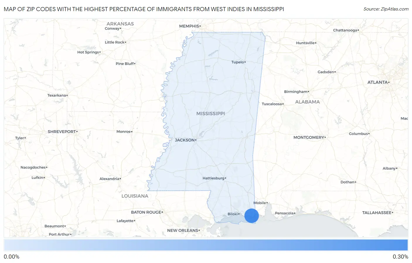 Zip Codes with the Highest Percentage of Immigrants from West Indies in Mississippi Map