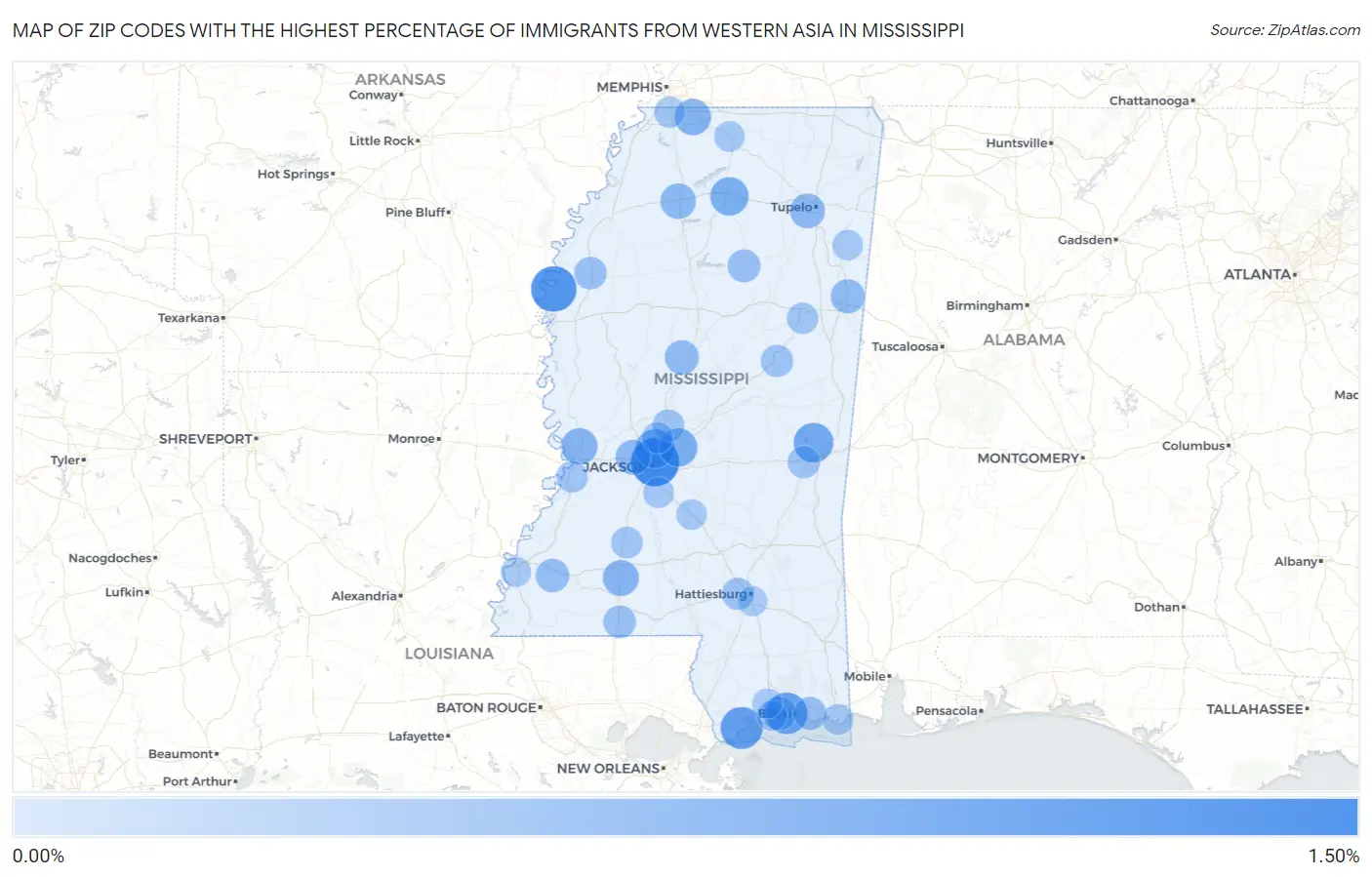 Zip Codes with the Highest Percentage of Immigrants from Western Asia in Mississippi Map