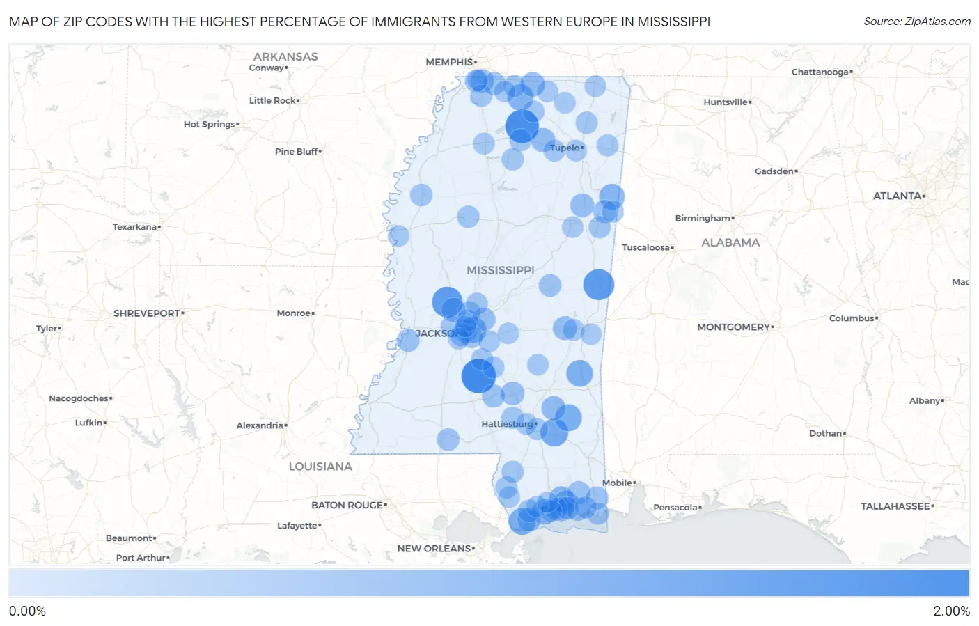 Zip Codes with the Highest Percentage of Immigrants from Western Europe in Mississippi Map