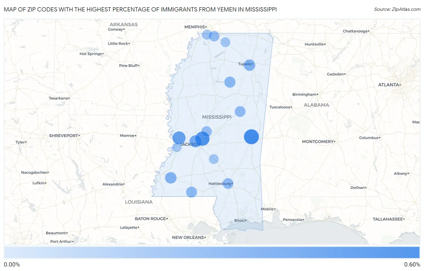 Zip Codes with the Highest Percentage of Immigrants from Yemen in Mississippi Map