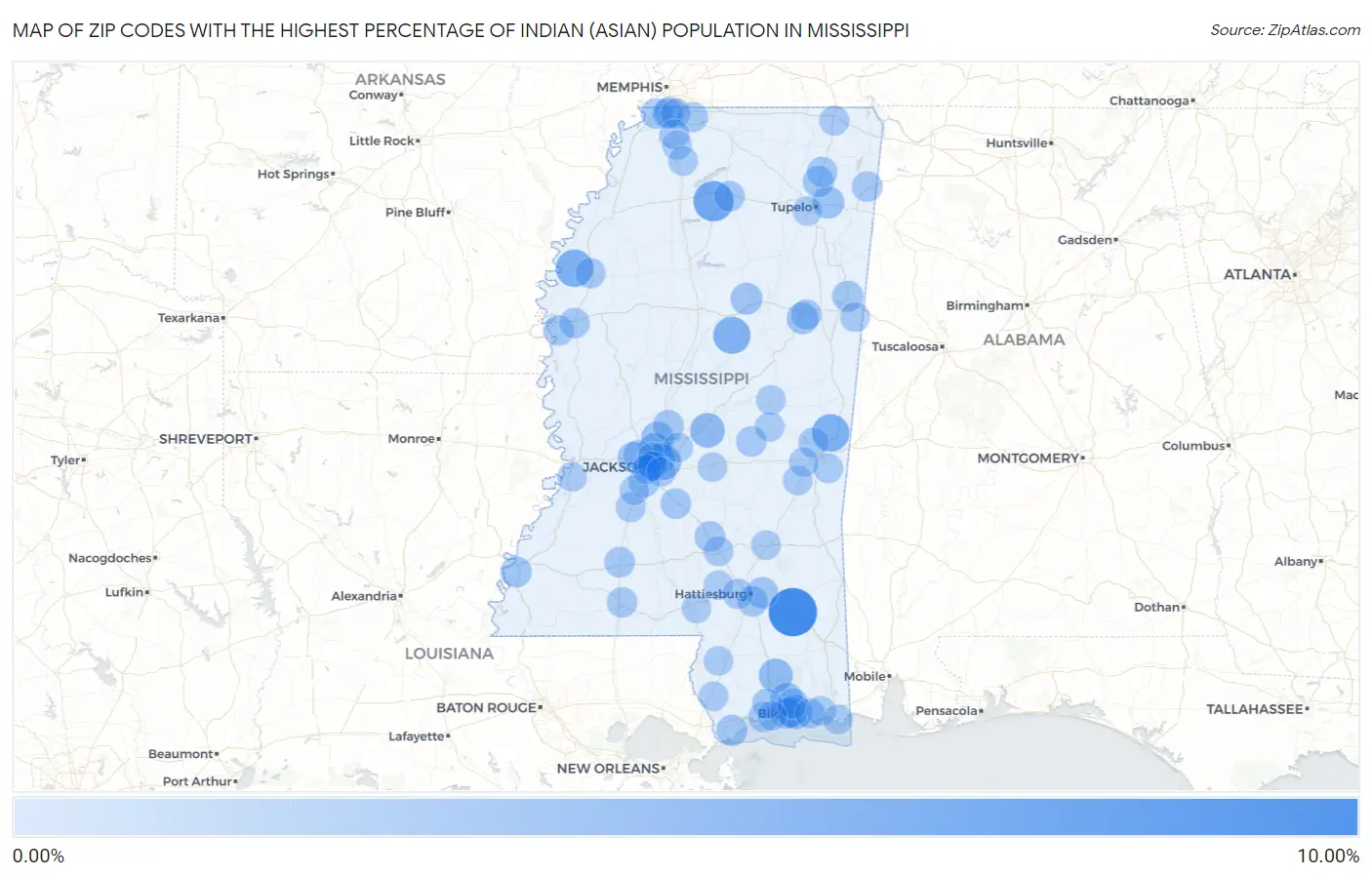 Zip Codes with the Highest Percentage of Indian (Asian) Population in Mississippi Map