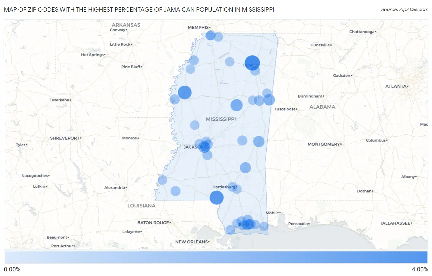 Zip Codes with the Highest Percentage of Jamaican Population in Mississippi Map