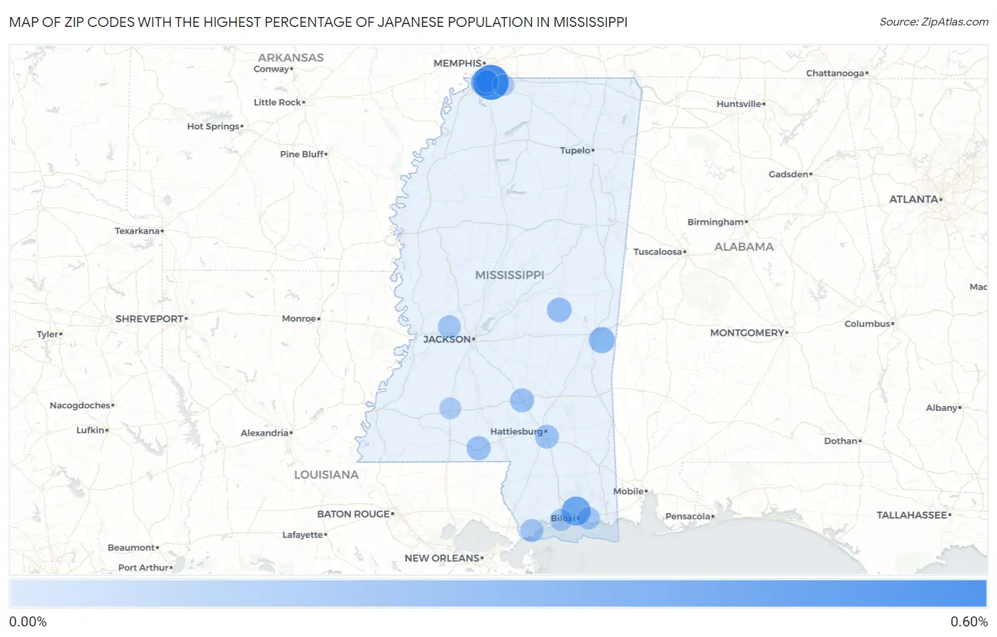 Zip Codes with the Highest Percentage of Japanese Population in Mississippi Map