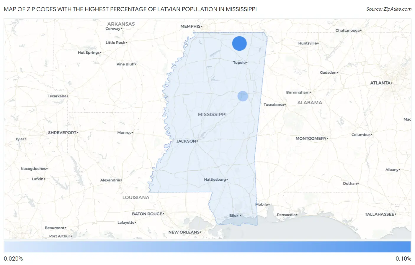 Zip Codes with the Highest Percentage of Latvian Population in Mississippi Map