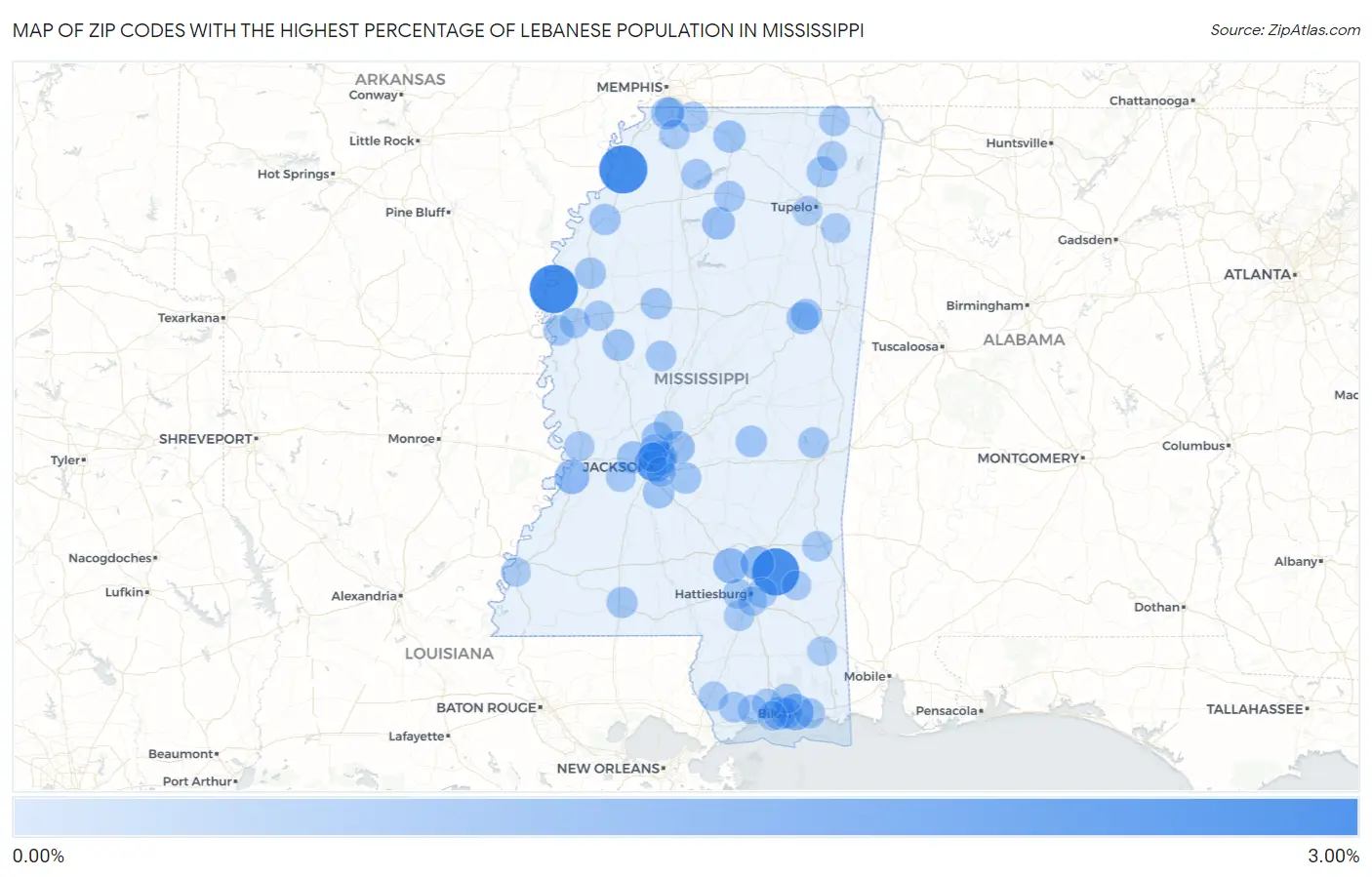 Zip Codes with the Highest Percentage of Lebanese Population in Mississippi Map