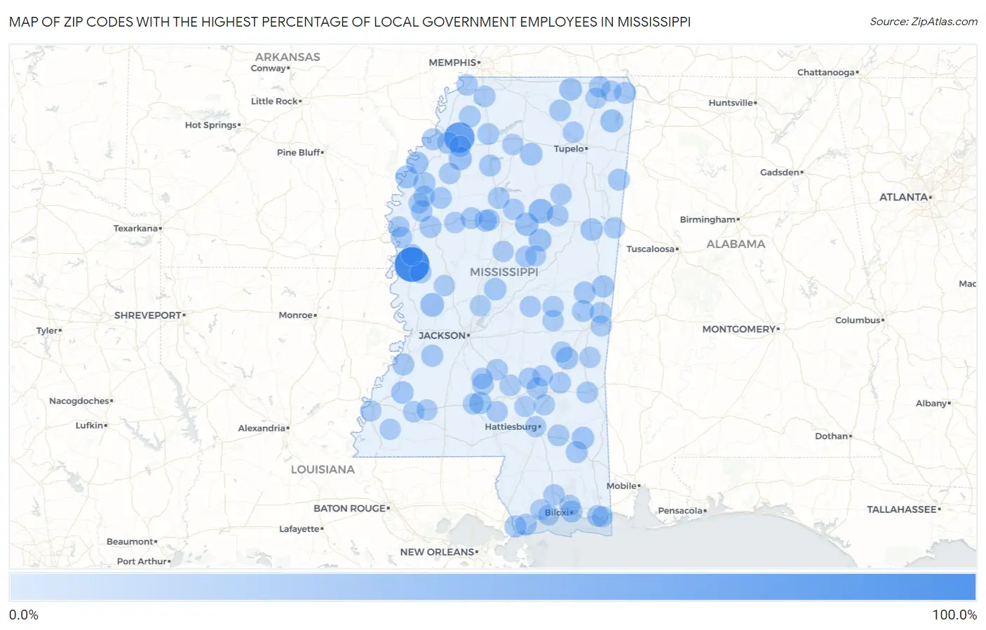 Zip Codes with the Highest Percentage of Local Government Employees in Mississippi Map