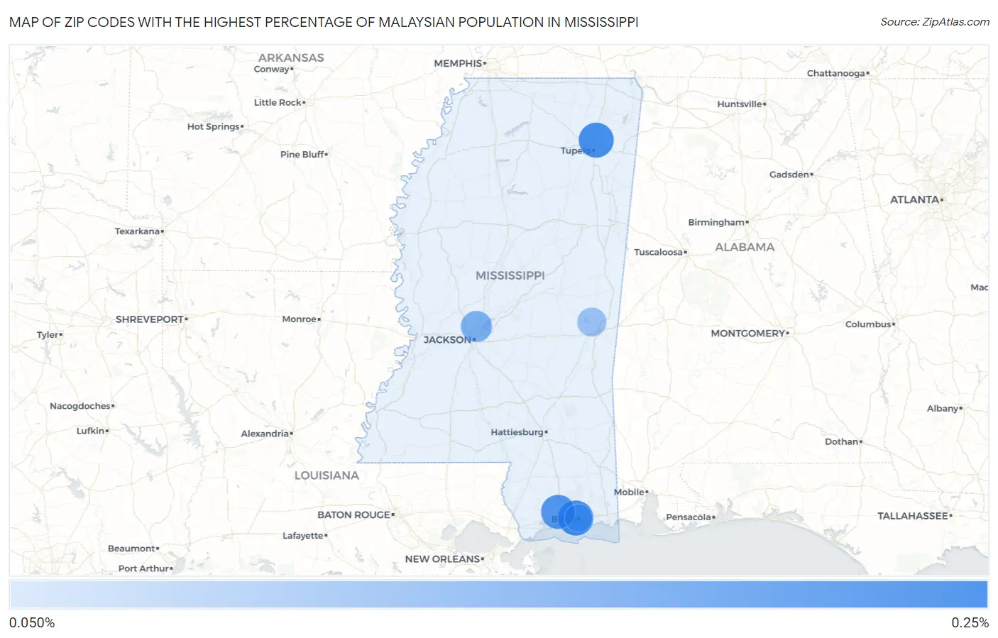 Zip Codes with the Highest Percentage of Malaysian Population in Mississippi Map
