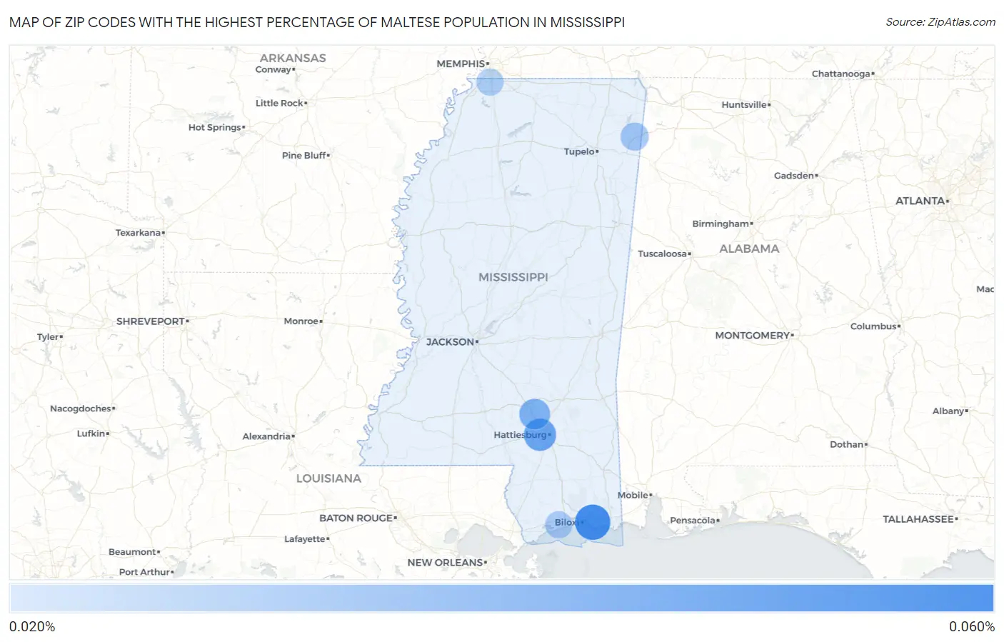 Zip Codes with the Highest Percentage of Maltese Population in Mississippi Map