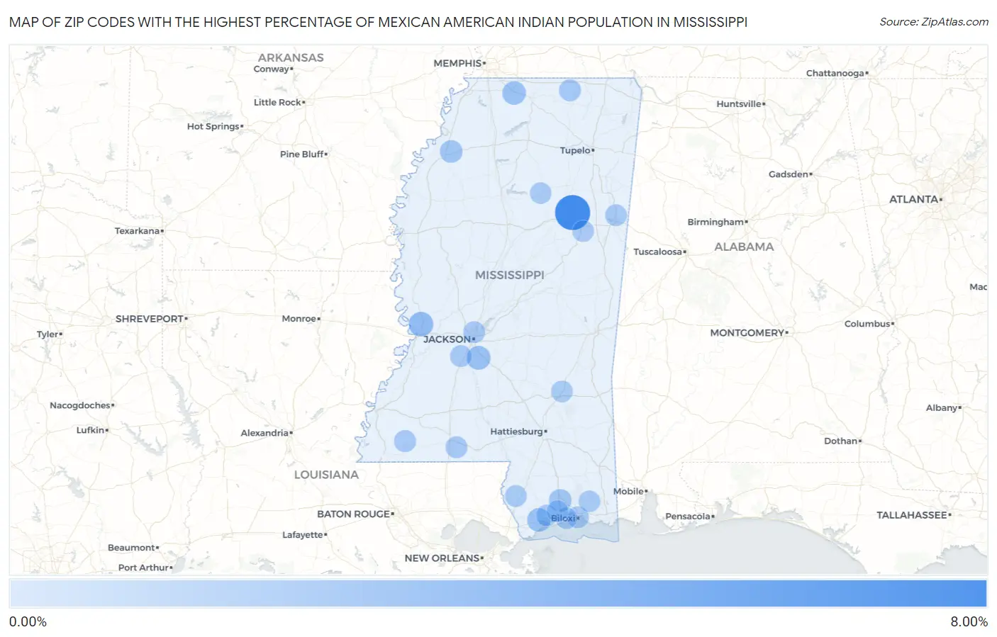 Zip Codes with the Highest Percentage of Mexican American Indian Population in Mississippi Map
