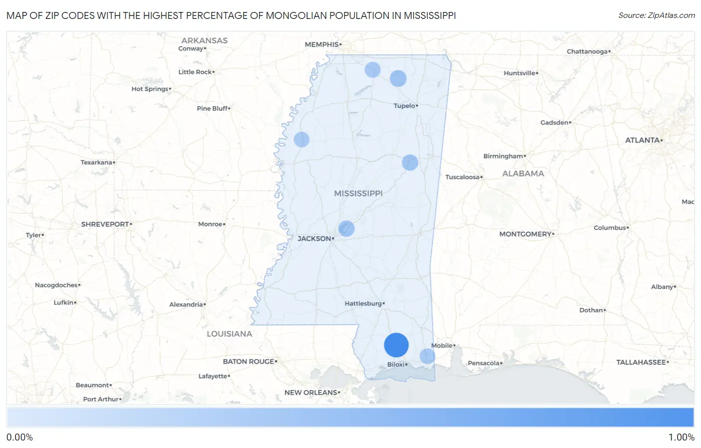 Zip Codes with the Highest Percentage of Mongolian Population in Mississippi Map