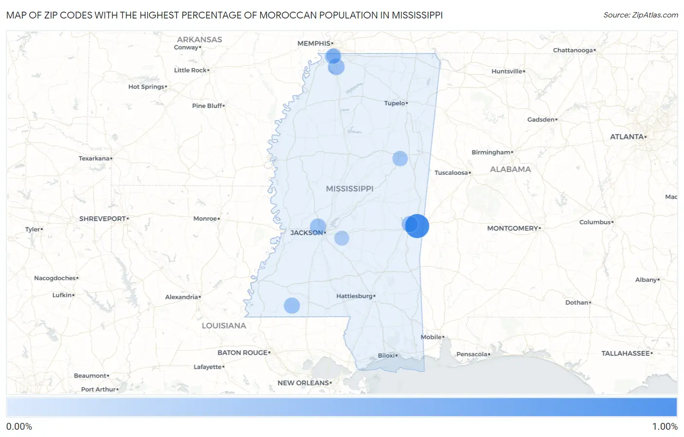 Zip Codes with the Highest Percentage of Moroccan Population in Mississippi Map