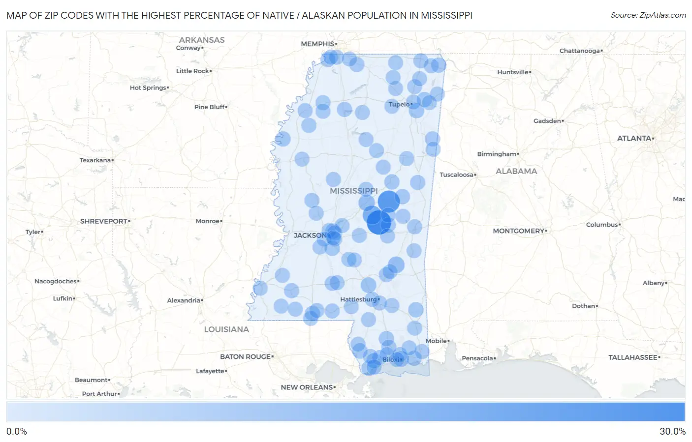 Zip Codes with the Highest Percentage of Native / Alaskan Population in Mississippi Map