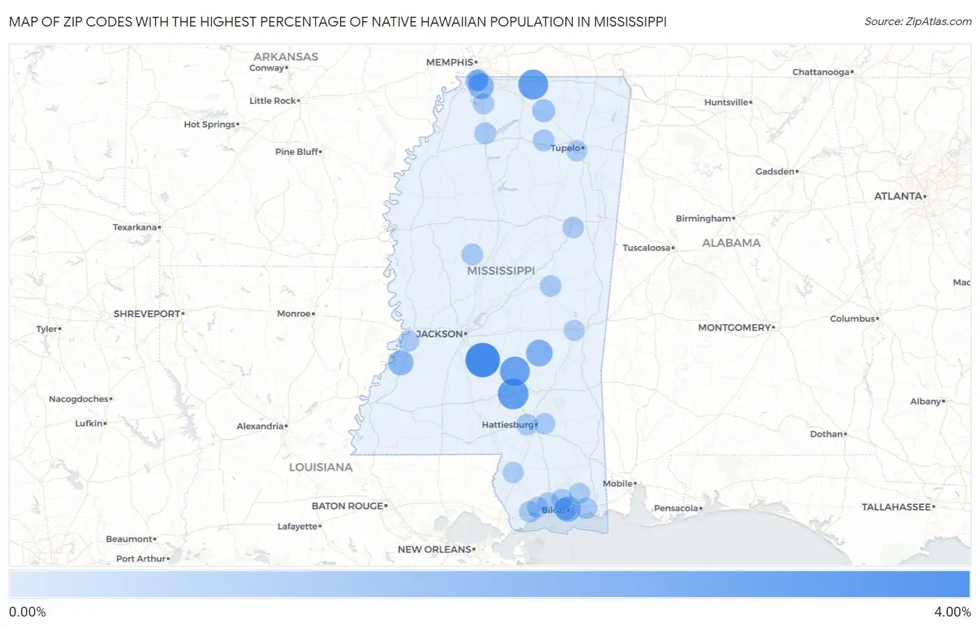 Zip Codes with the Highest Percentage of Native Hawaiian Population in Mississippi Map