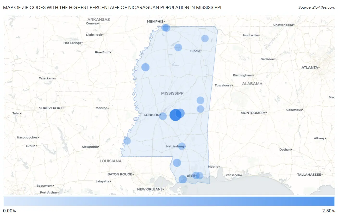 Zip Codes with the Highest Percentage of Nicaraguan Population in Mississippi Map