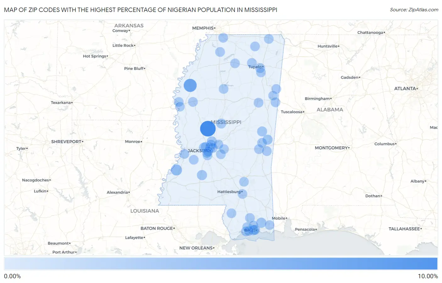 Zip Codes with the Highest Percentage of Nigerian Population in Mississippi Map