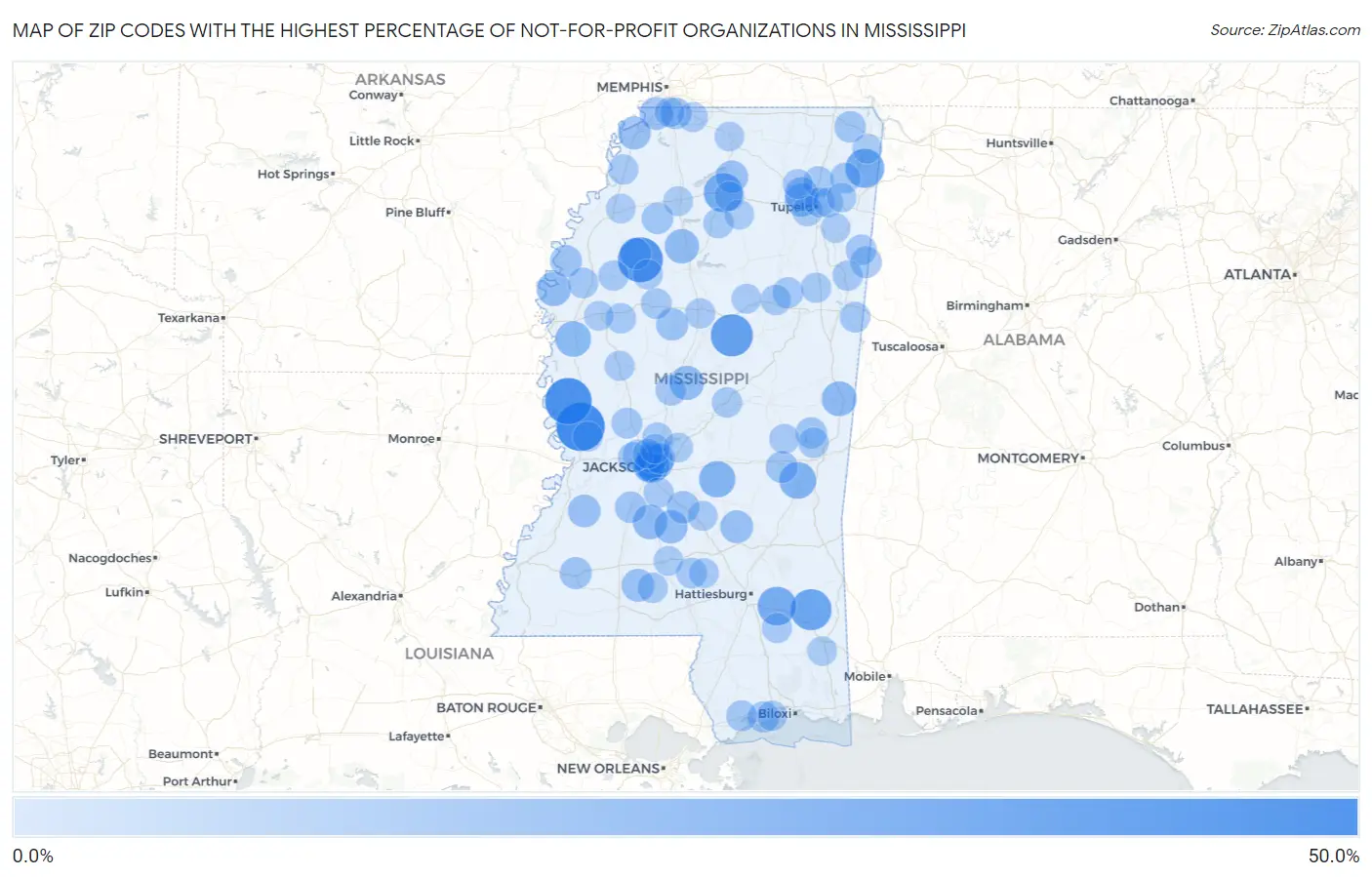 Zip Codes with the Highest Percentage of Not-for-profit Organizations in Mississippi Map