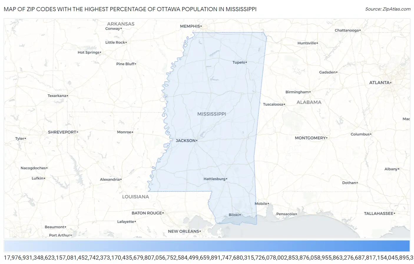 Zip Codes with the Highest Percentage of Ottawa Population in Mississippi Map