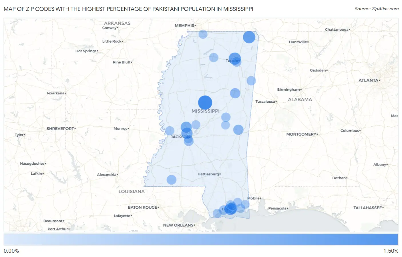 Zip Codes with the Highest Percentage of Pakistani Population in Mississippi Map
