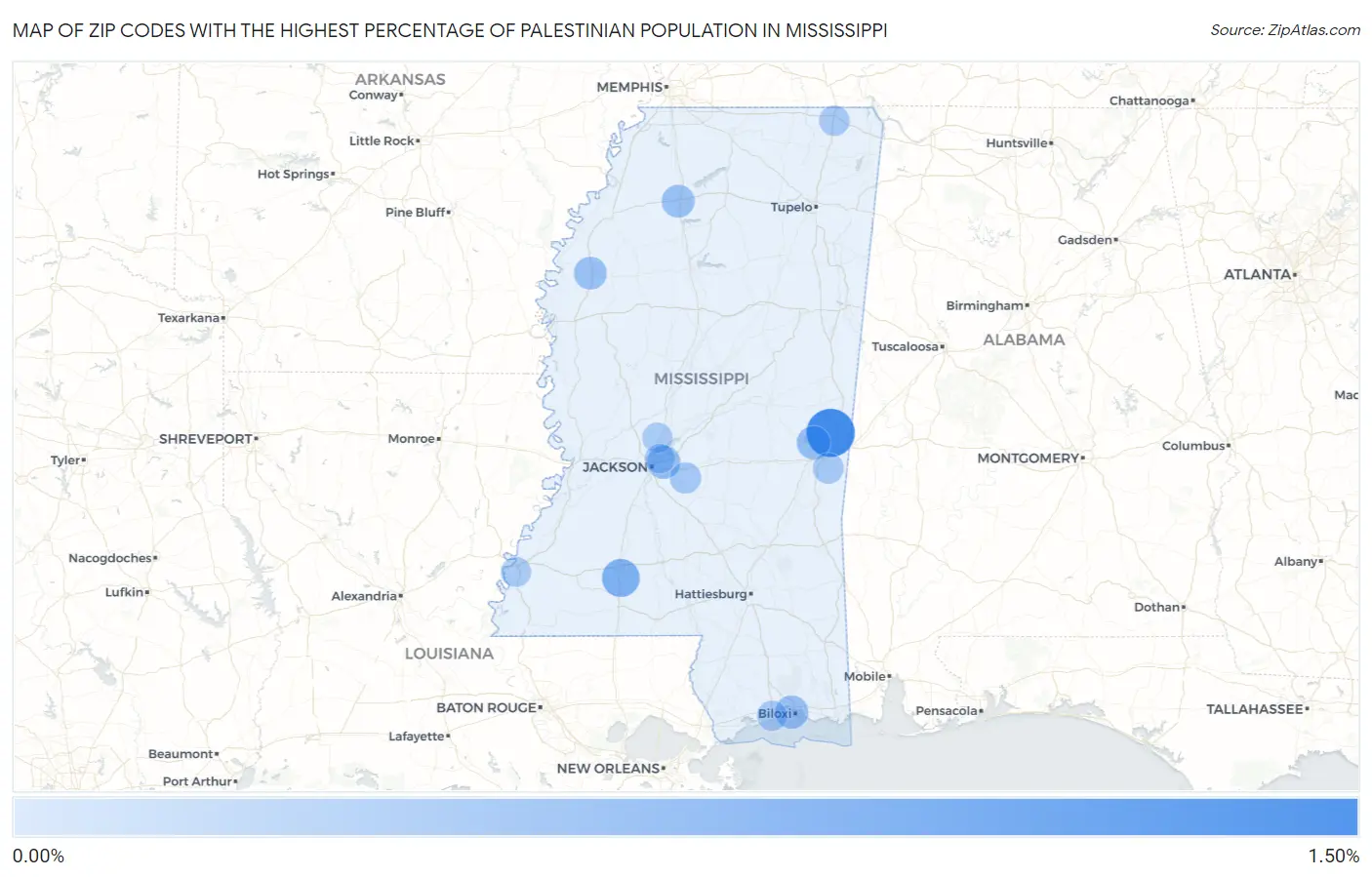 Zip Codes with the Highest Percentage of Palestinian Population in Mississippi Map