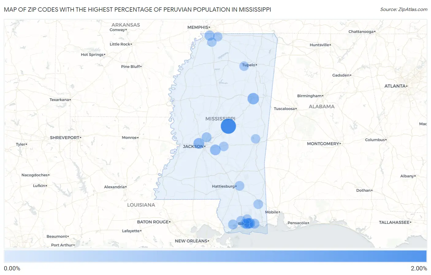 Zip Codes with the Highest Percentage of Peruvian Population in Mississippi Map