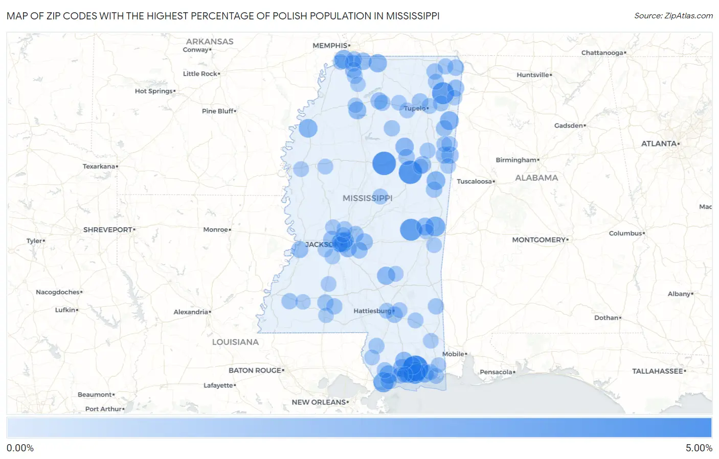 Zip Codes with the Highest Percentage of Polish Population in Mississippi Map