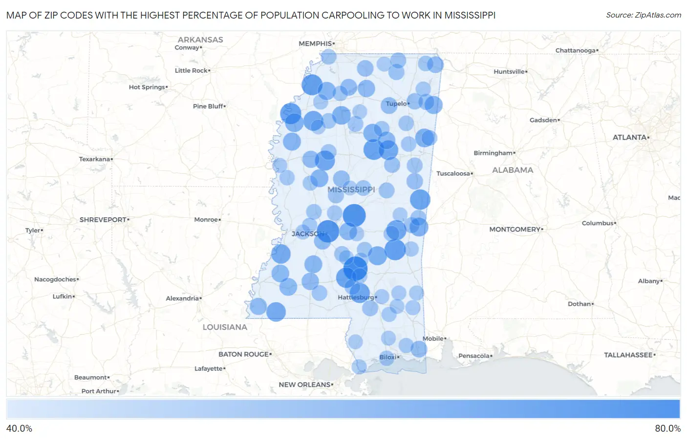 Zip Codes with the Highest Percentage of Population Carpooling to Work in Mississippi Map