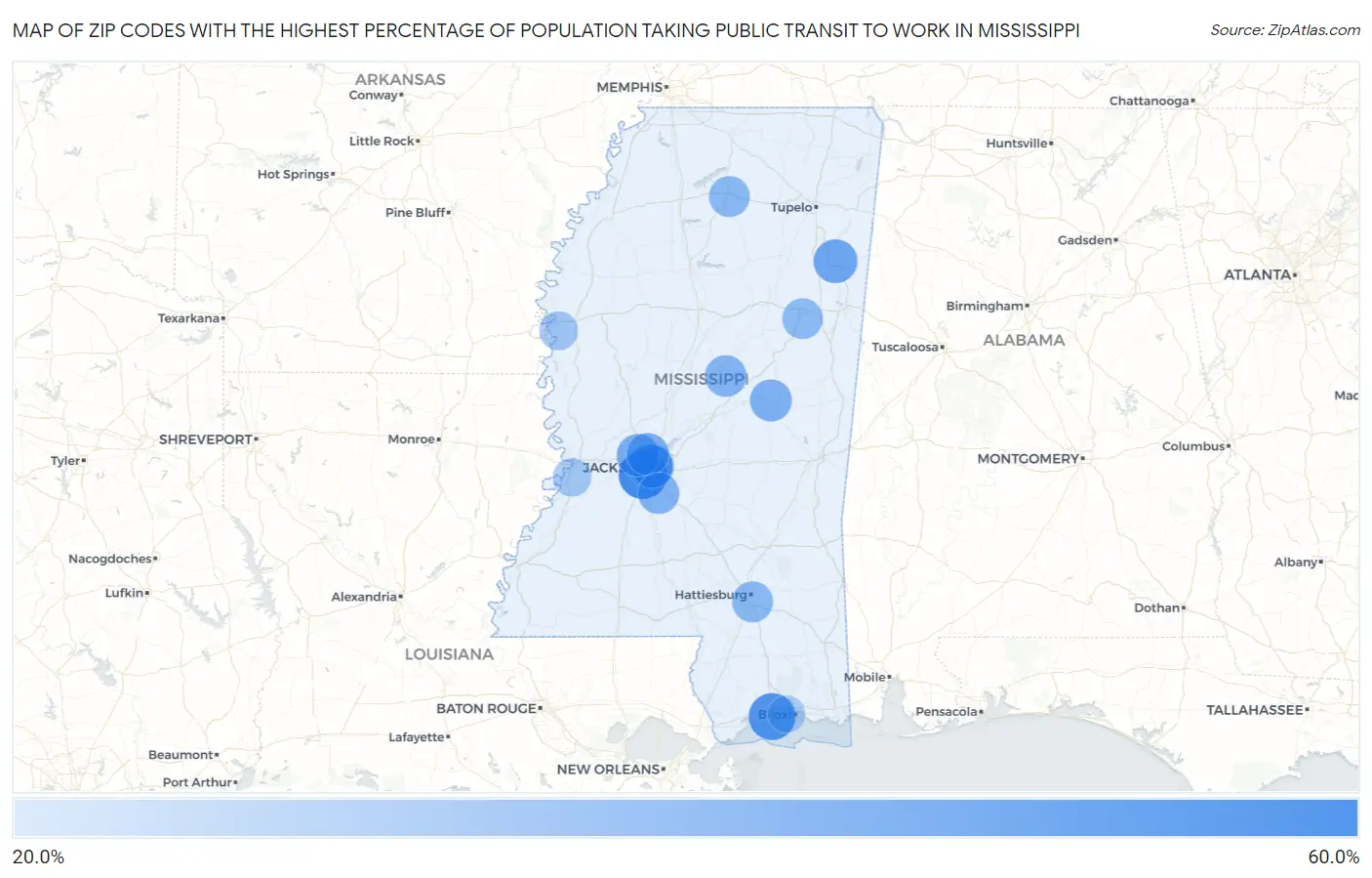Zip Codes with the Highest Percentage of Population Taking Public Transit to Work in Mississippi Map
