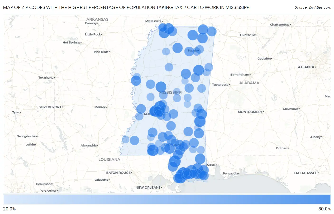 Zip Codes with the Highest Percentage of Population Taking Taxi / Cab to Work in Mississippi Map