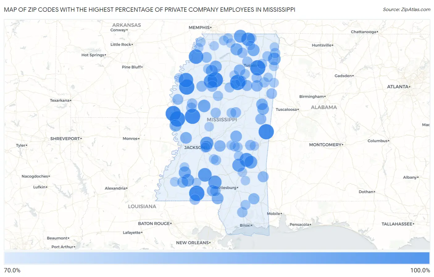 Zip Codes with the Highest Percentage of Private Company Employees in Mississippi Map