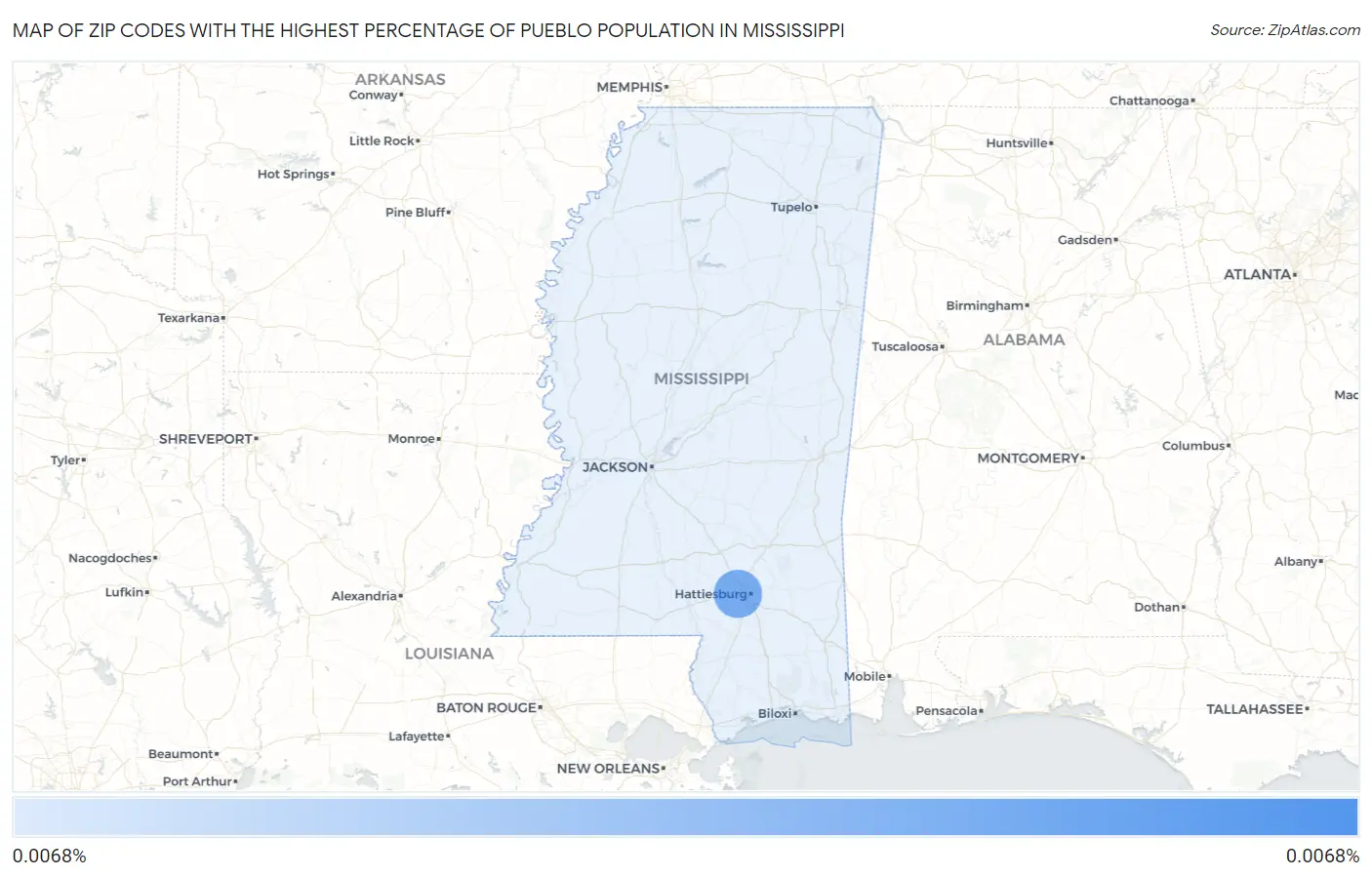 Zip Codes with the Highest Percentage of Pueblo Population in Mississippi Map