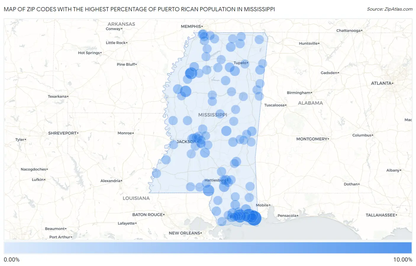 Zip Codes with the Highest Percentage of Puerto Rican Population in Mississippi Map