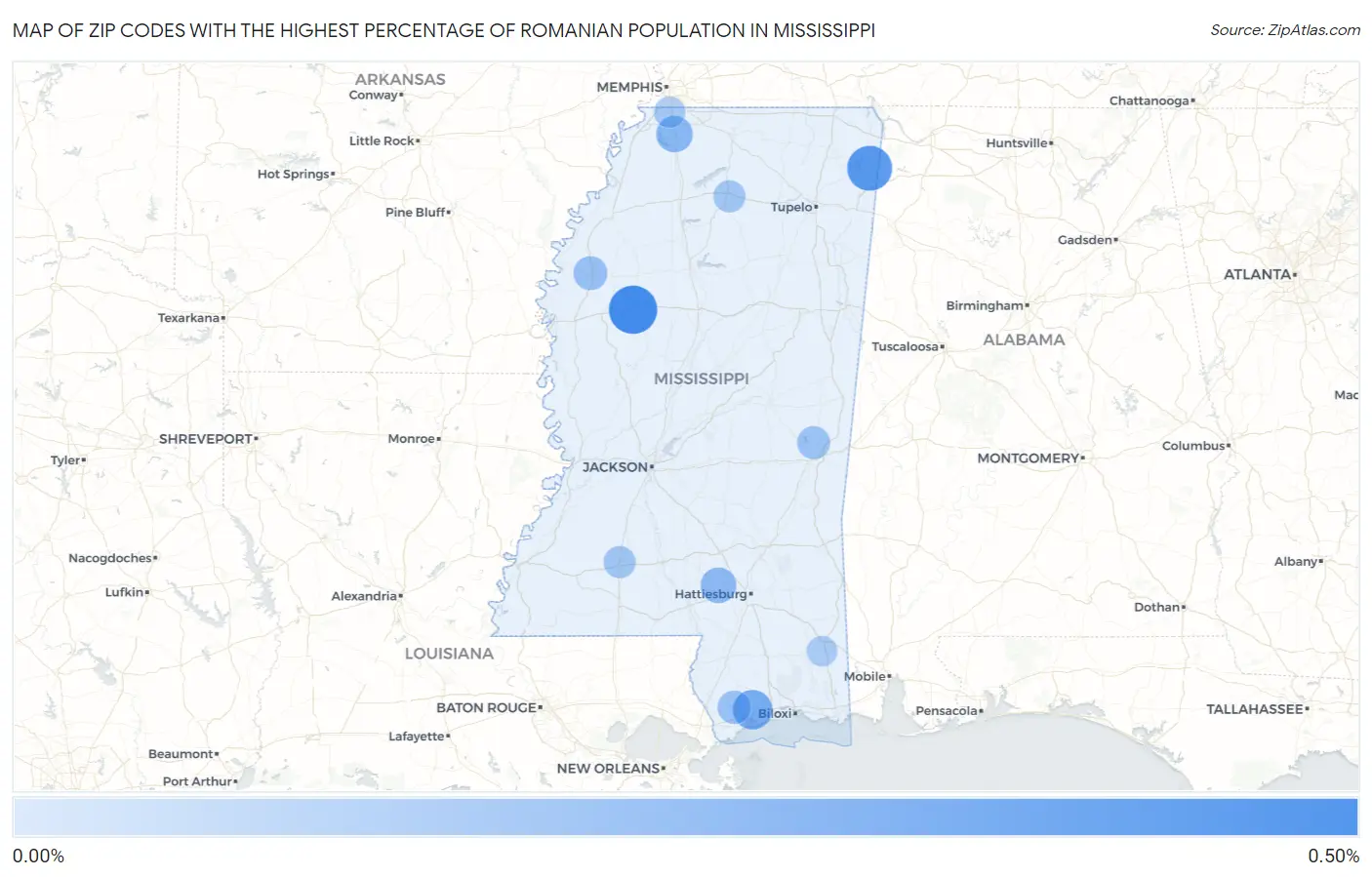 Zip Codes with the Highest Percentage of Romanian Population in Mississippi Map