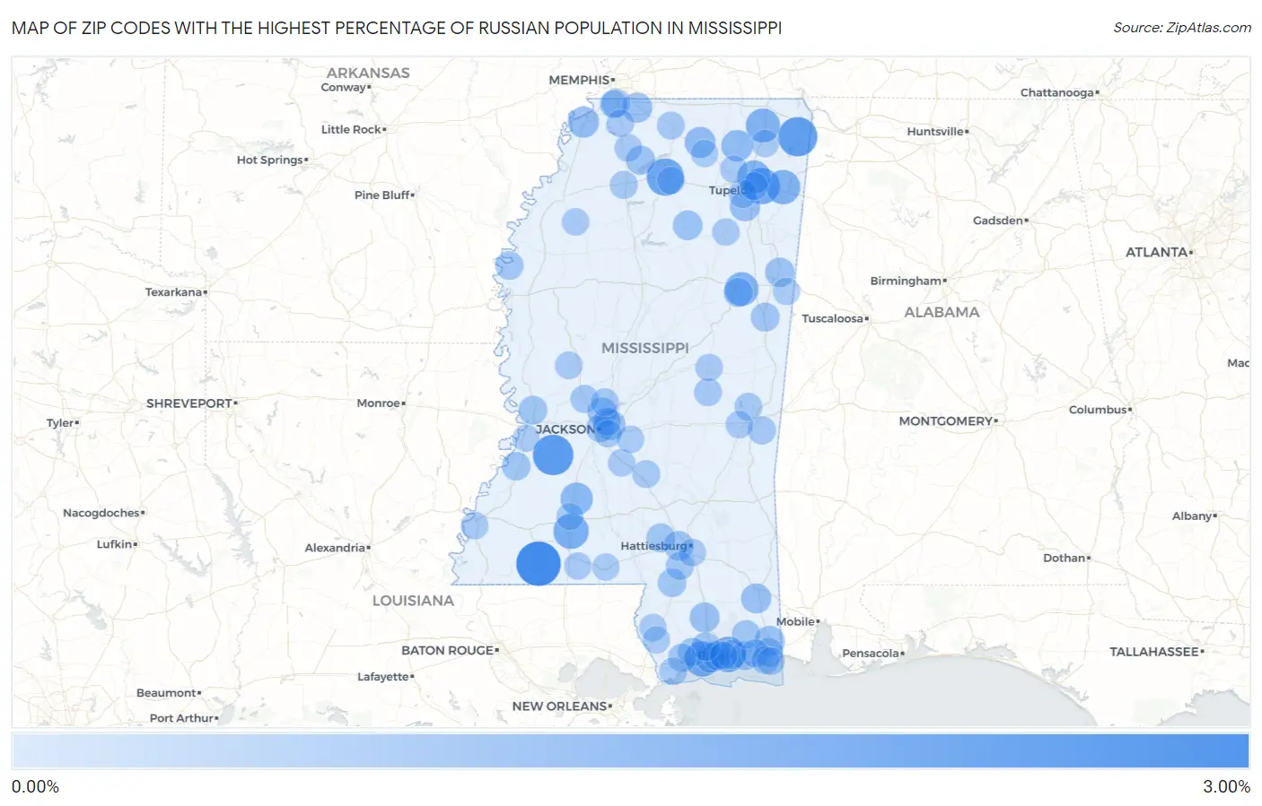 Zip Codes with the Highest Percentage of Russian Population in Mississippi Map